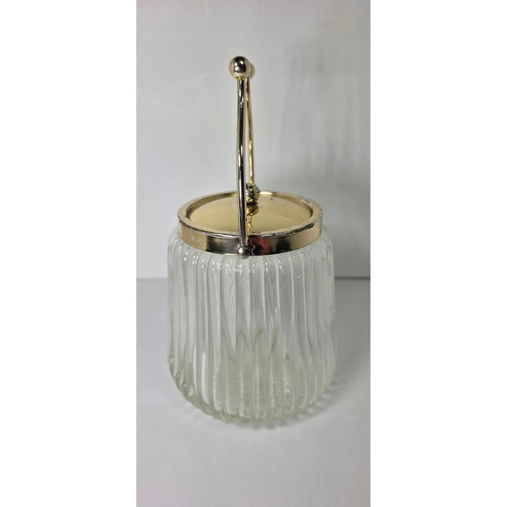 Vintage Ribbed Glass Biscuit Jar Ice Bucket Gold Tone Lid Swing Handle MCM